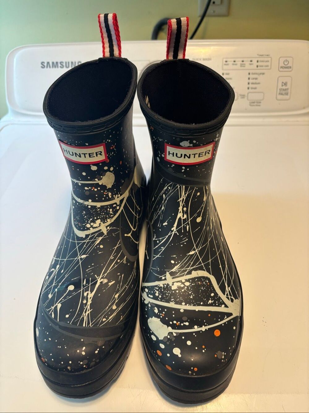 Hunter Black Rain Boots with White and Orange Paint Splatter